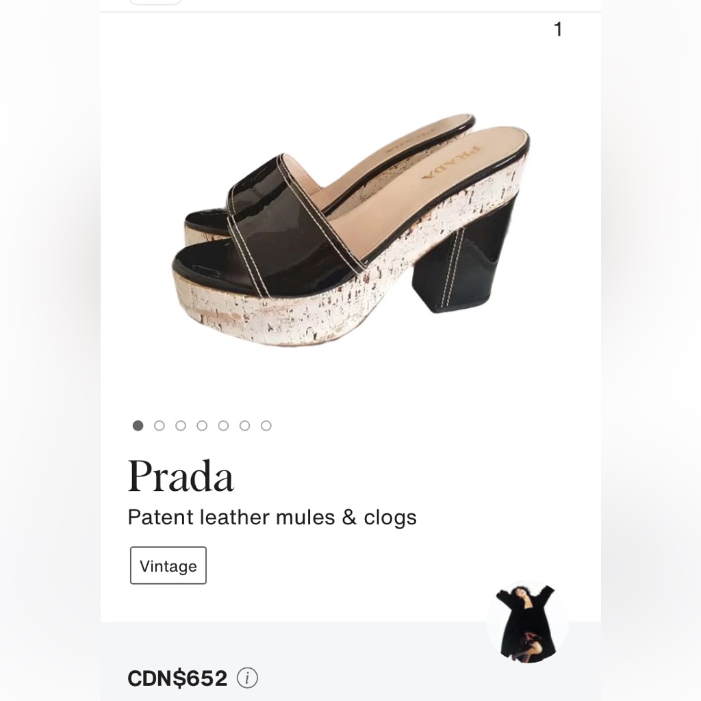 Prada 37 Black Patent Leather Mule Cork Platform Heel White Stitch Excellent